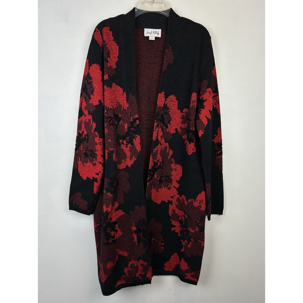 Joseph Ribkoff Cardigan Duster Womens Large Black Red Floral Whimsigoth Artsy